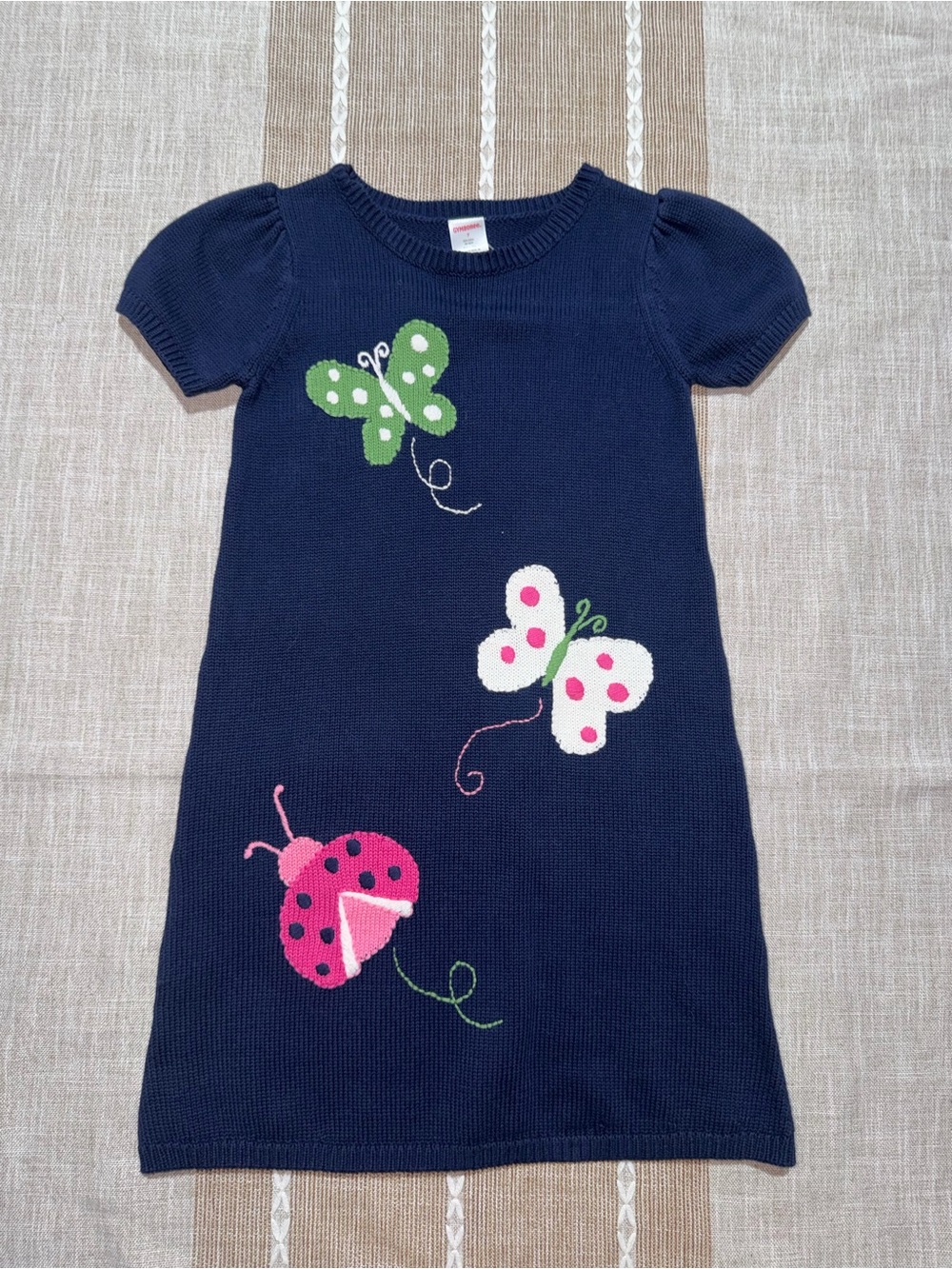 Gymboree Knit Navy Dress with Pink, White & Green Butterfly and Ladybug Motifs